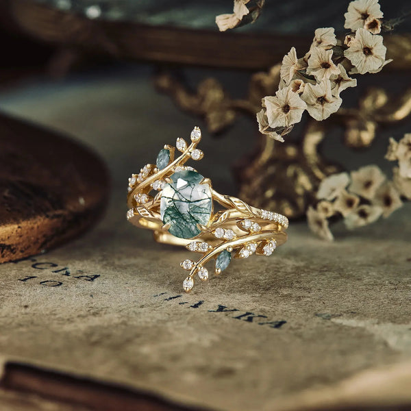Eldoria 1.5 Carat Oval Stackable Moss Agate Ring Set in 18K Yellow Gold