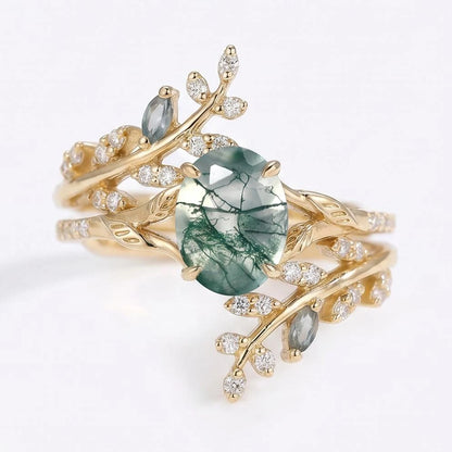 Eldoria 1.5 Carat Oval Stackable Moss Agate Ring Set