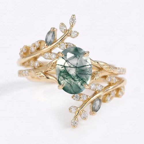 Eldoria 1.5 Carat Oval Stackable Moss Agate Ring Set