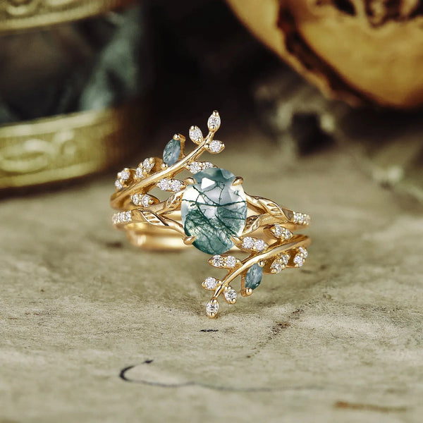 Eldoria 1.5 Carat Oval Stackable Moss Agate Ring Set in 18K Yellow Gold