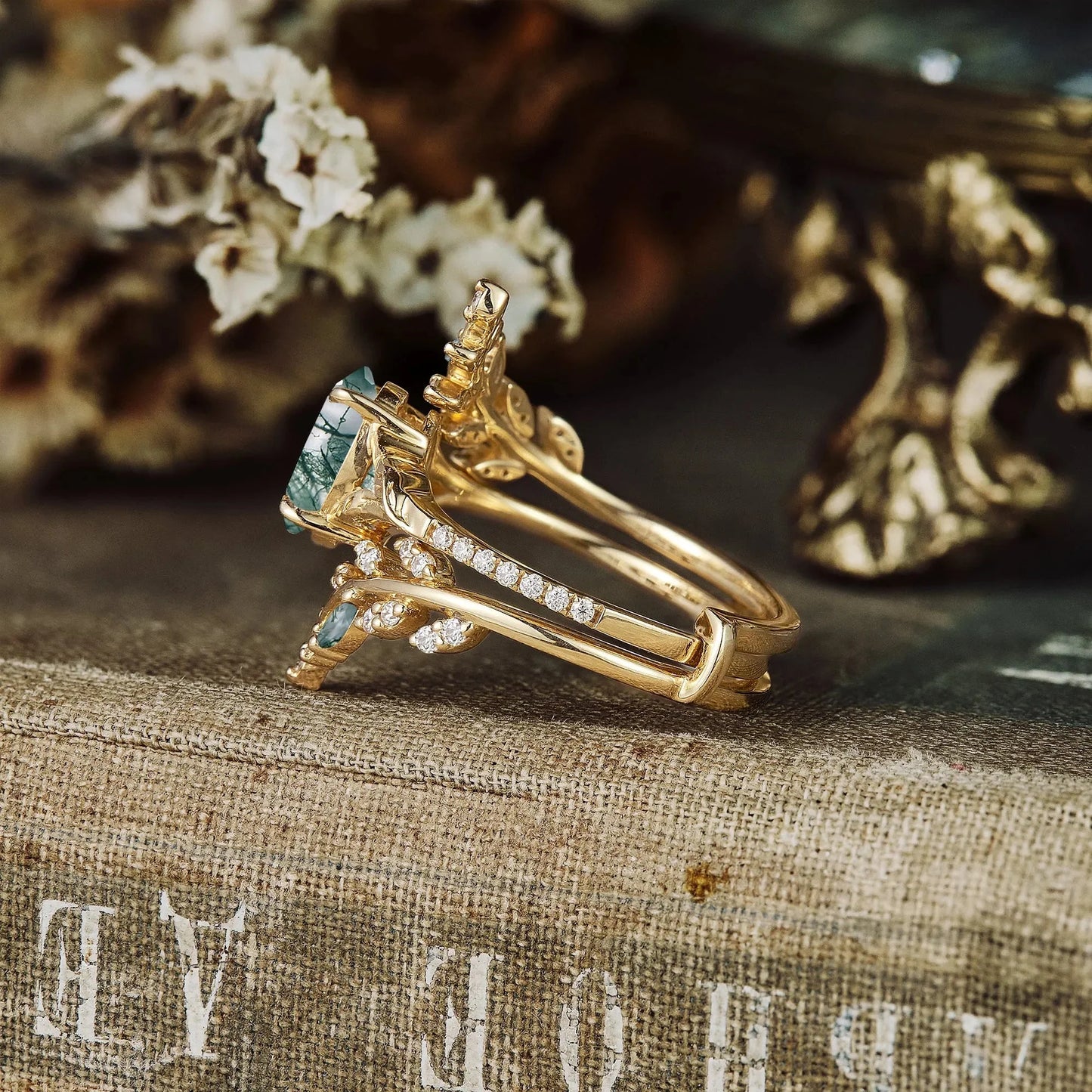 Eldoria 1.5 Carat Oval Stackable Moss Agate Ring Set