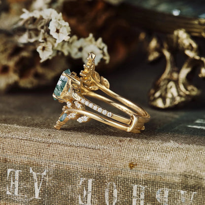 Eldoria 1.5 Carat Oval Stackable Moss Agate Ring Set