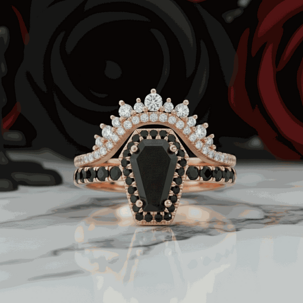 Avalin stackable ring with black moissanite and layered diamond design in rose gold