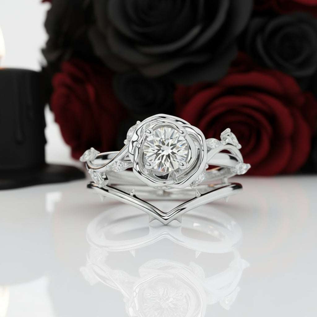Koraviel silver ring with round white gemstone and intricate design on reflective surface