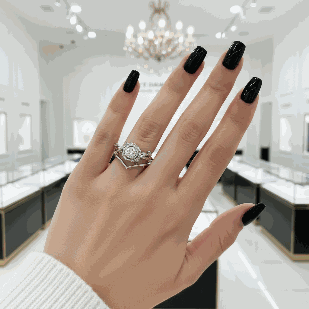 Koraviel ring with 0.6 ct round black moissanite on hand in jewelry store setting