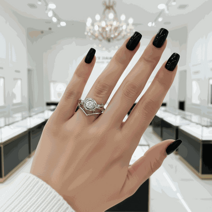 Koraviel ring with 0.6 ct round black moissanite on hand in jewelry store setting