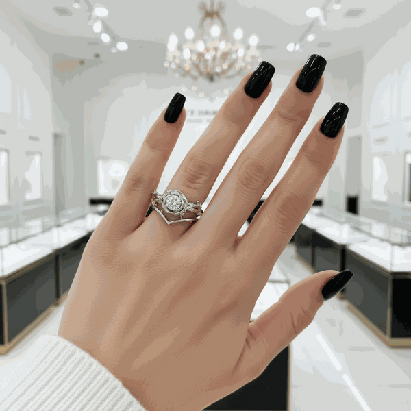 Koraviel ring with 0.6 ct round black moissanite on hand in jewelry store setting