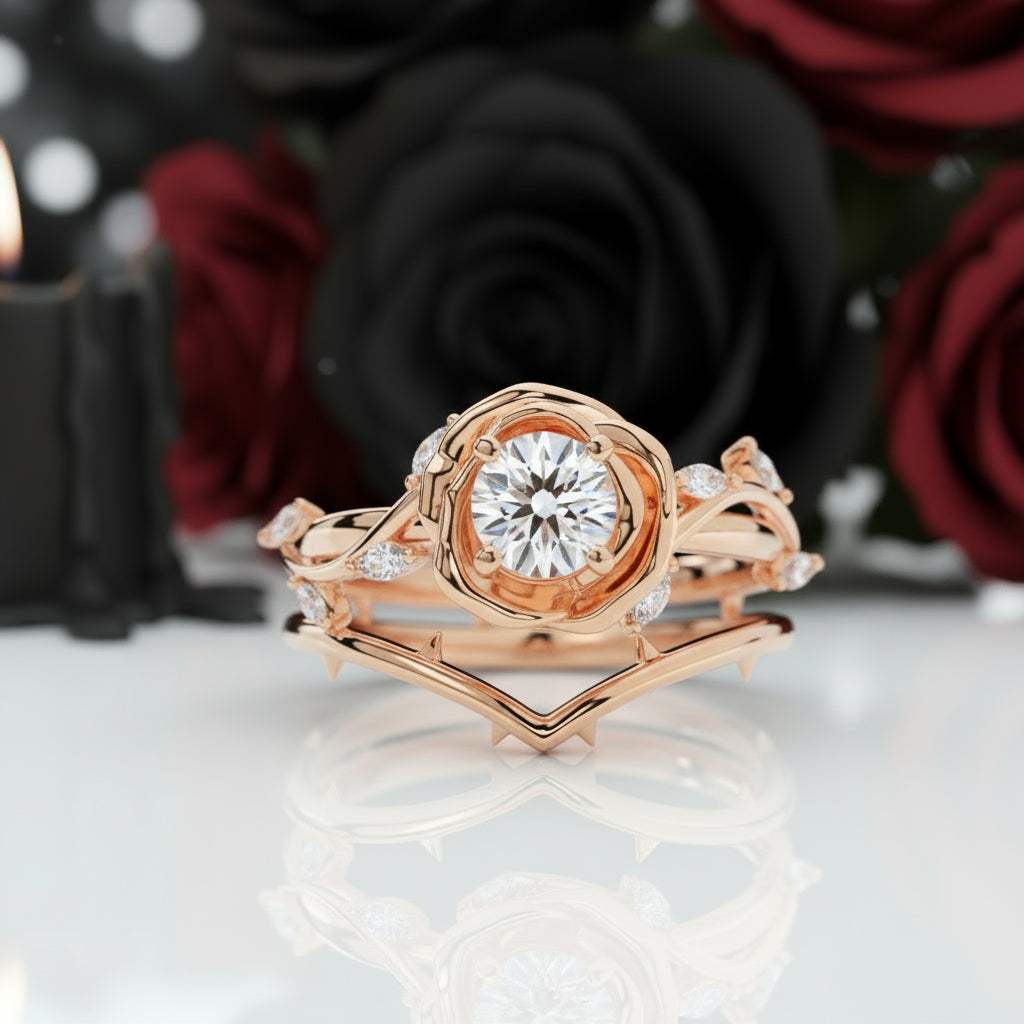 Koraviel rose gold ring with round black moissanite and modern elegant design