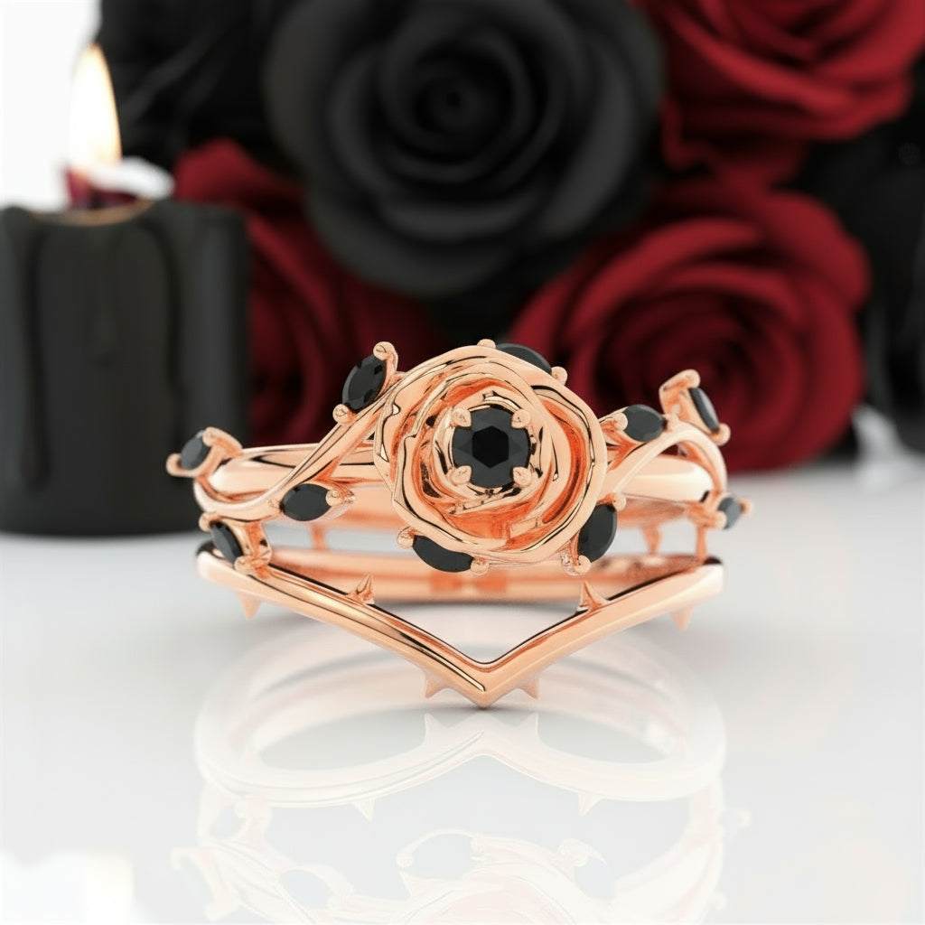 Koraviel rose gold ring with 0.6 ct round black moissanite and modern elegant design