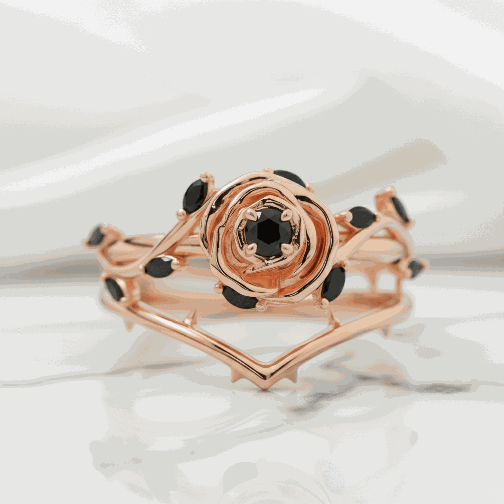 Koraviel rose gold ring with 0.6 ct round black moissanite and sleek modern design
