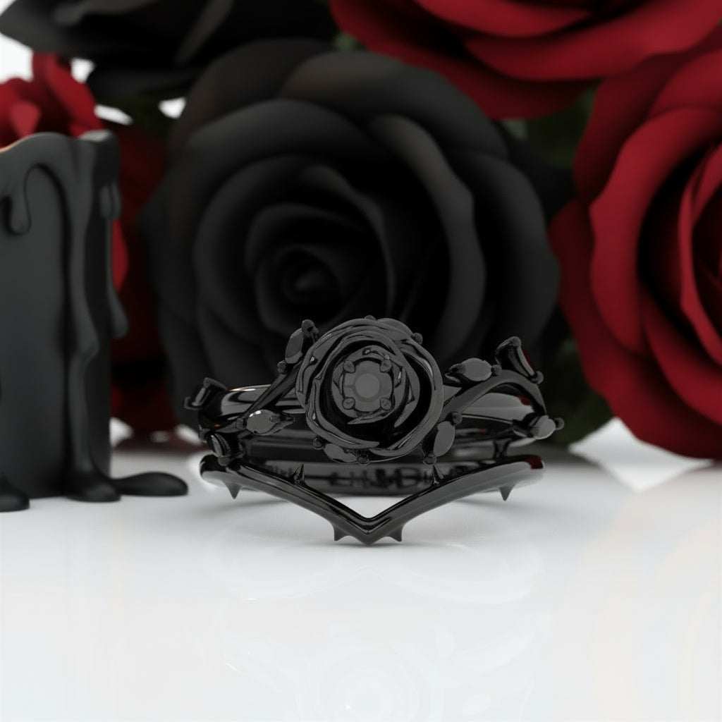 Koraviel ring with 0.6 ct round black moissanite and sleek modern design against red and black roses background