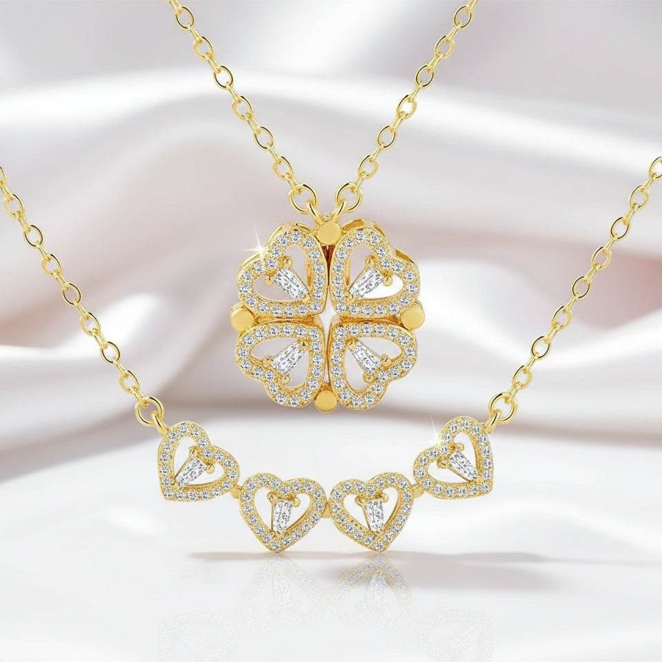 Hesperiel pendant necklace with four interlocking clover-shaped hearts and 0.5-carat moissanite on gold chain