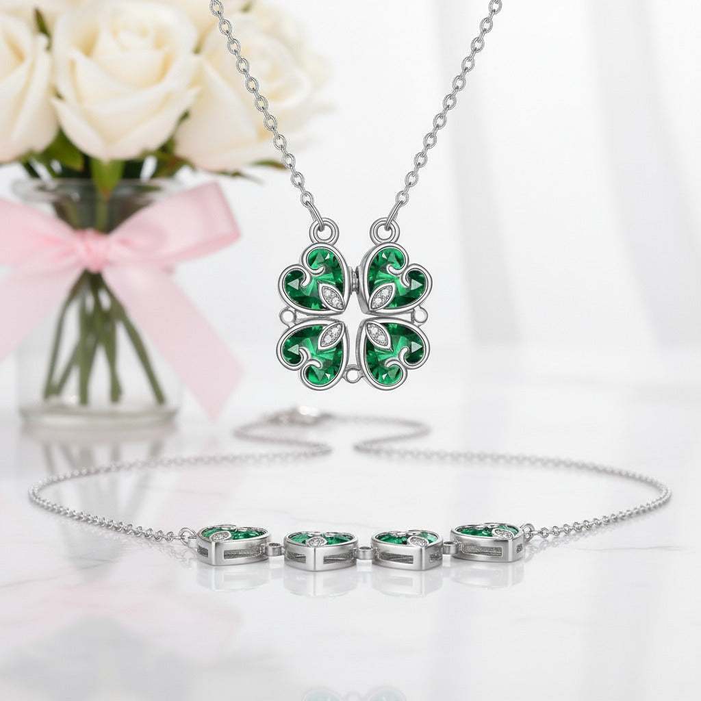 Hesperiel pendant necklace with four interlocking clover-shaped hearts and a 0.5-carat moissanite stone in silver chain