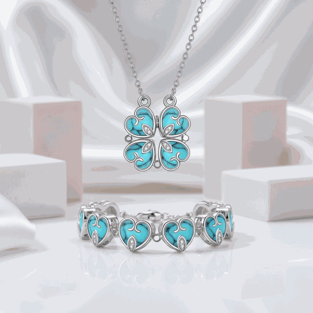 Hesperiel pendant necklace with four interlocking turquoise clover-heart charms and 0.5-carat round moissanite centerpiece.