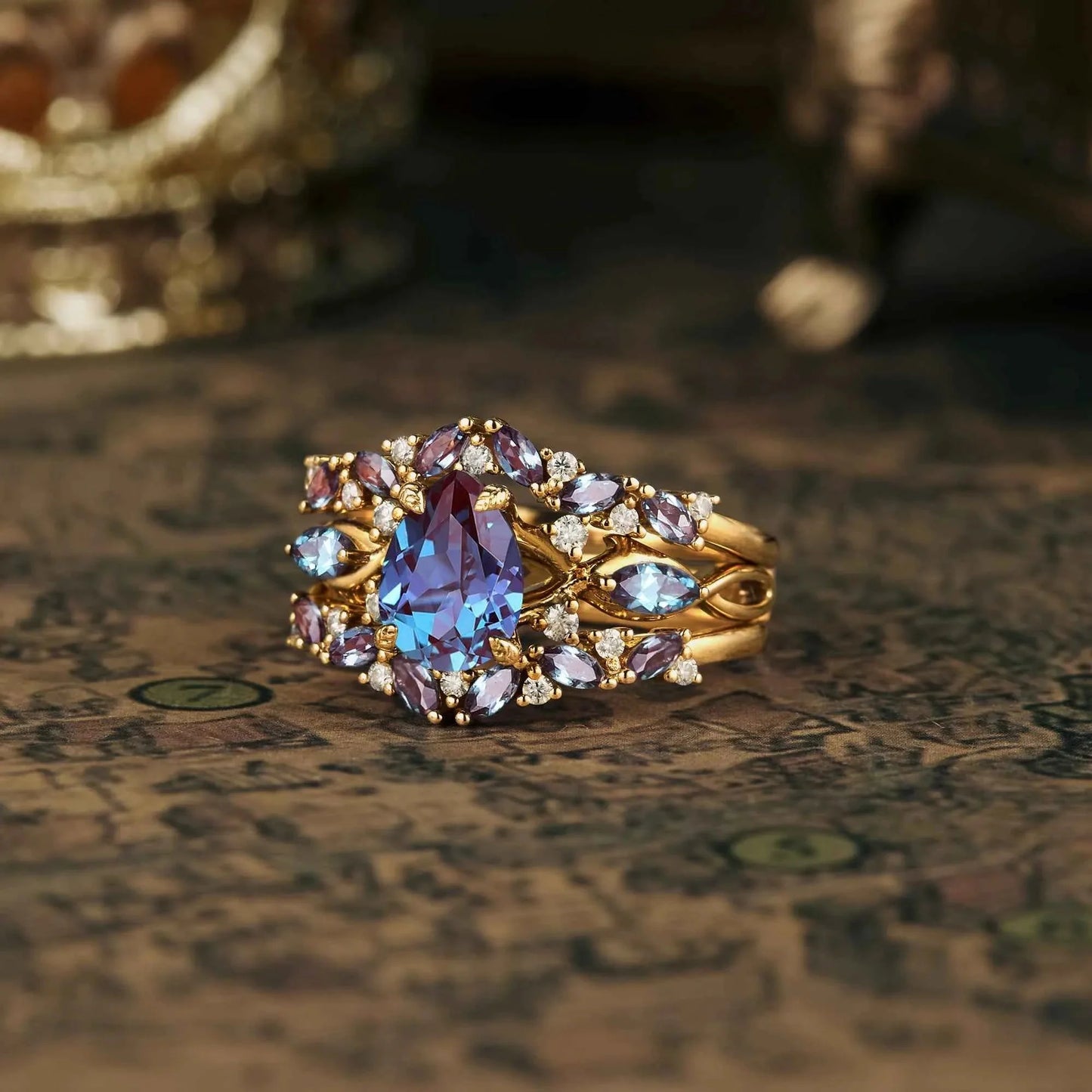 Uloriel 1.3 Carat Pear Stackable Alexandrite Ring Set in 925 Silver