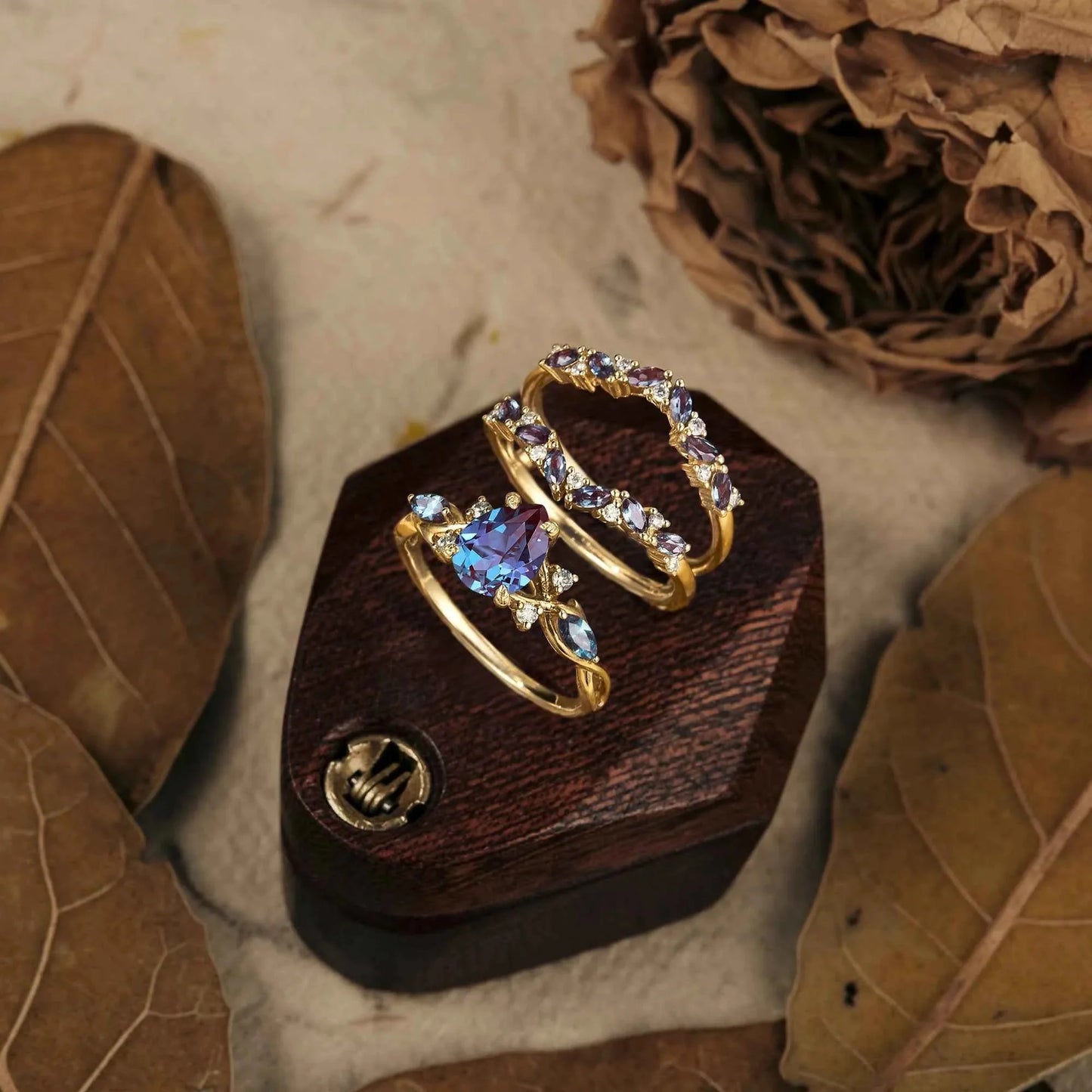Uloriel 1.3 Carat Pear Stackable Alexandrite Ring Set in 925 Silver