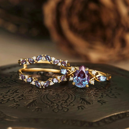 Uloriel 1.3 Carat Pear Stackable Alexandrite Ring Set in 925 Silver