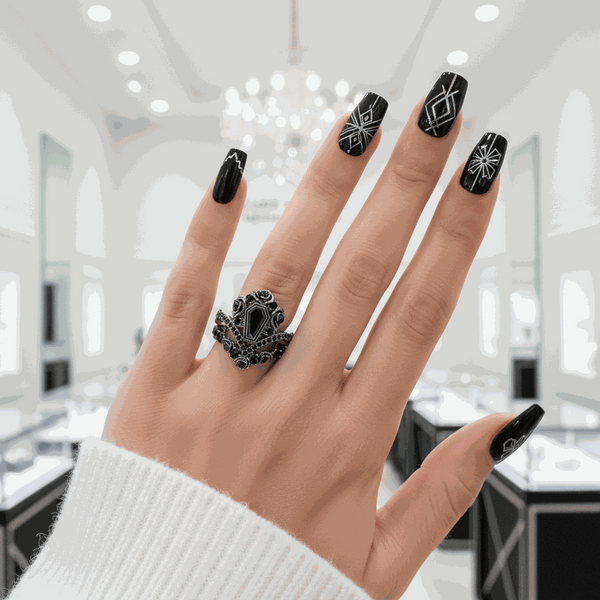Riveniel black moissanite stackable ring on hand with black geometric nail art in elegant setting