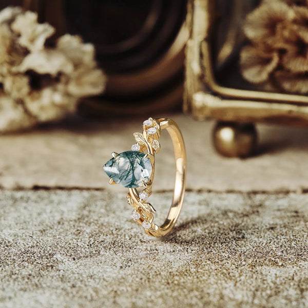 Ylistar 1.2 Carat Pear Solitaire Moss Agate Ring in 18K Yellow Gold