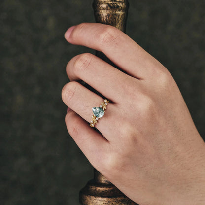 Ylistar 1.2 Carat Pear Solitaire Moss Agate Ring in 18K Yellow Gold