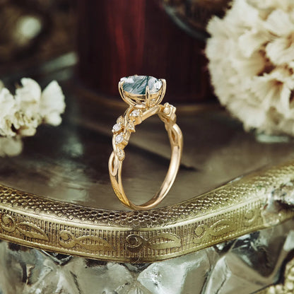 Ylistar 1.2 Carat Pear Solitaire Moss Agate Ring in 18K Yellow Gold