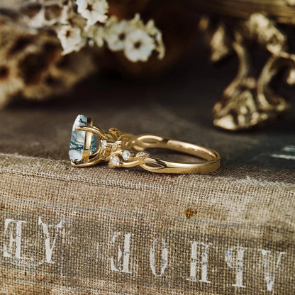 Ylistar 1.2 Carat Pear Solitaire Moss Agate Ring in 18K Yellow Gold