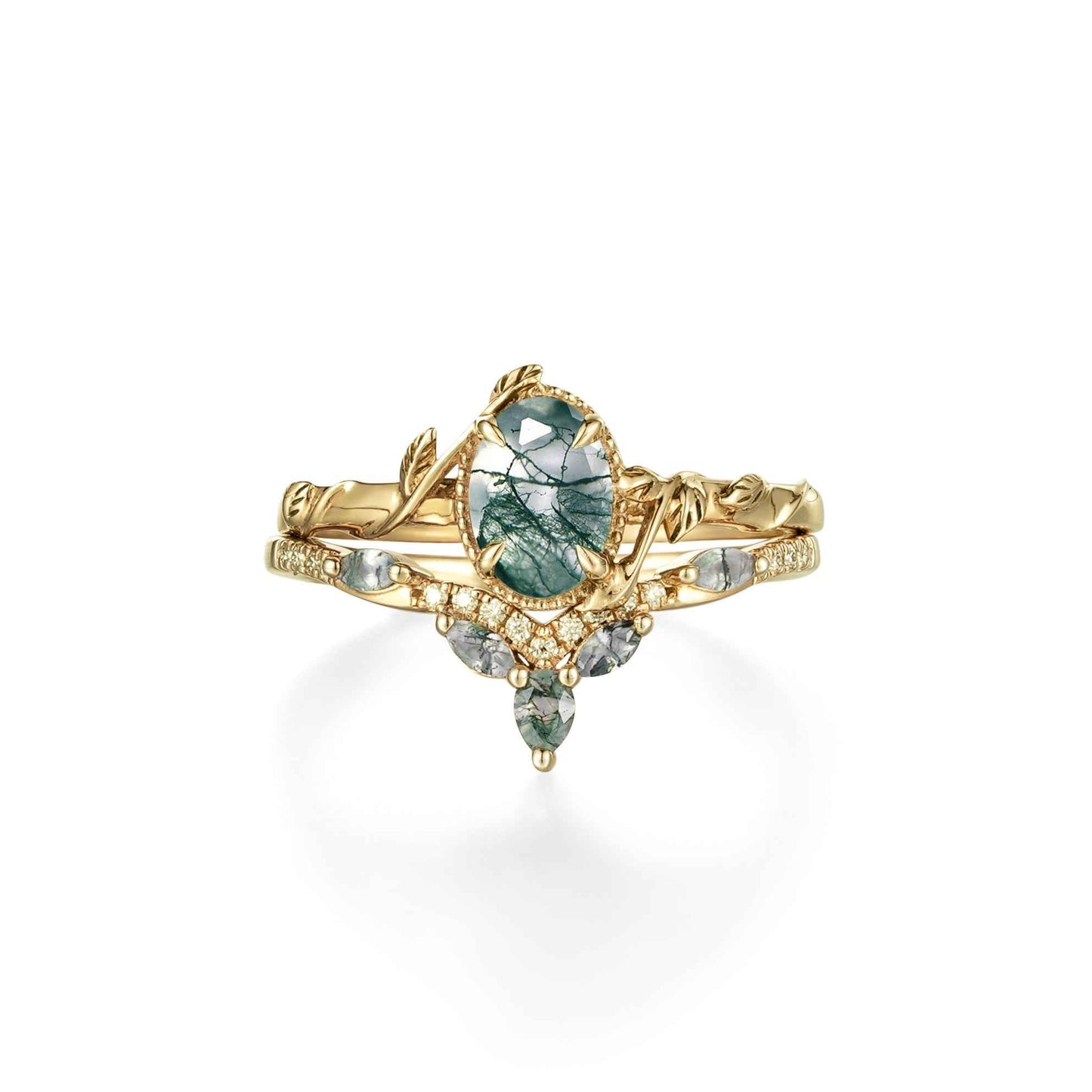 Eviannael 1 Carat Oval Stackable Moss Agate Ring Set in 18K Yellow Gold