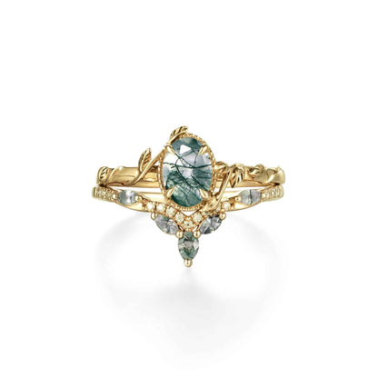 Eviannael 1 Carat Oval Stackable Moss Agate Ring Set in 18K Yellow Gold