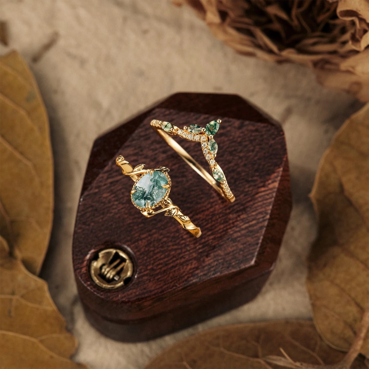 Eviannael 1 Carat Oval Stackable Moss Agate Ring Set in 18K Yellow Gold