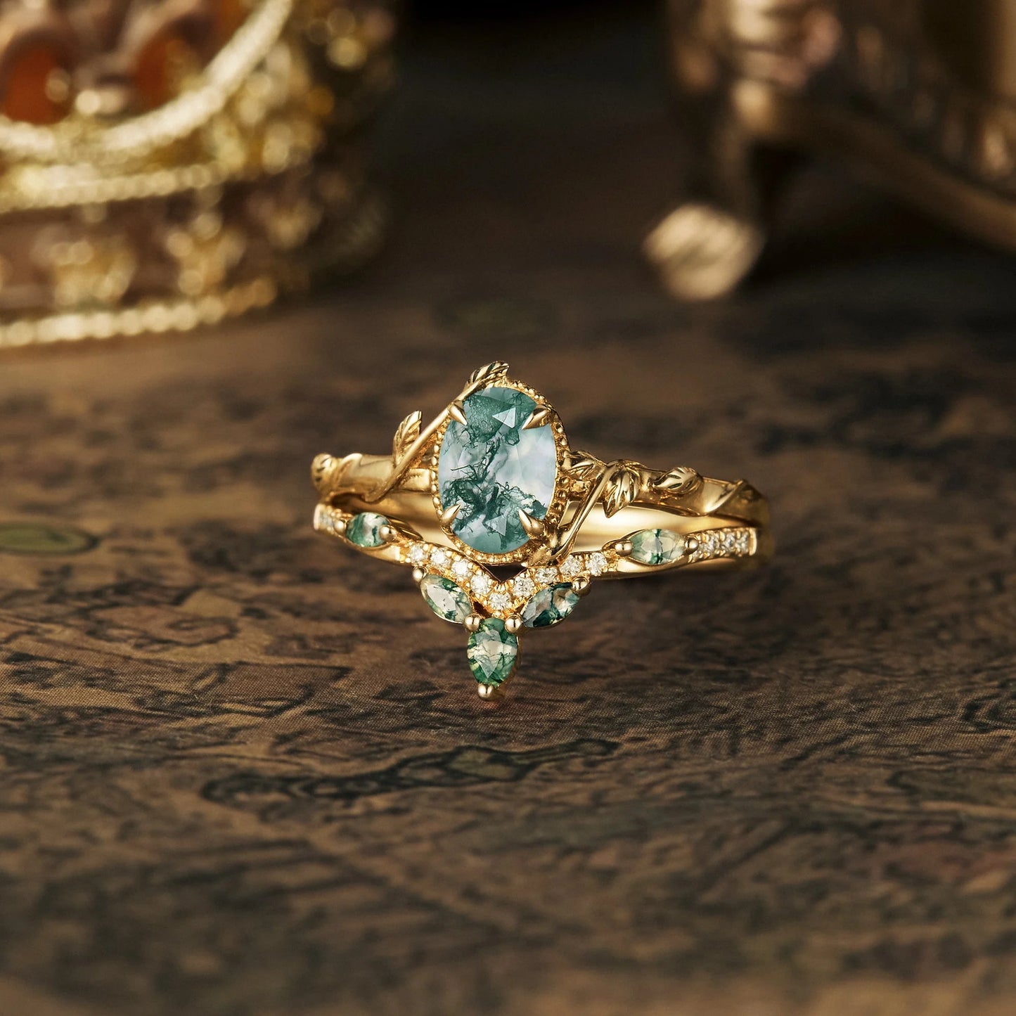 Eviannael 1 Carat Oval Stackable Moss Agate Ring Set in 18K Yellow Gold