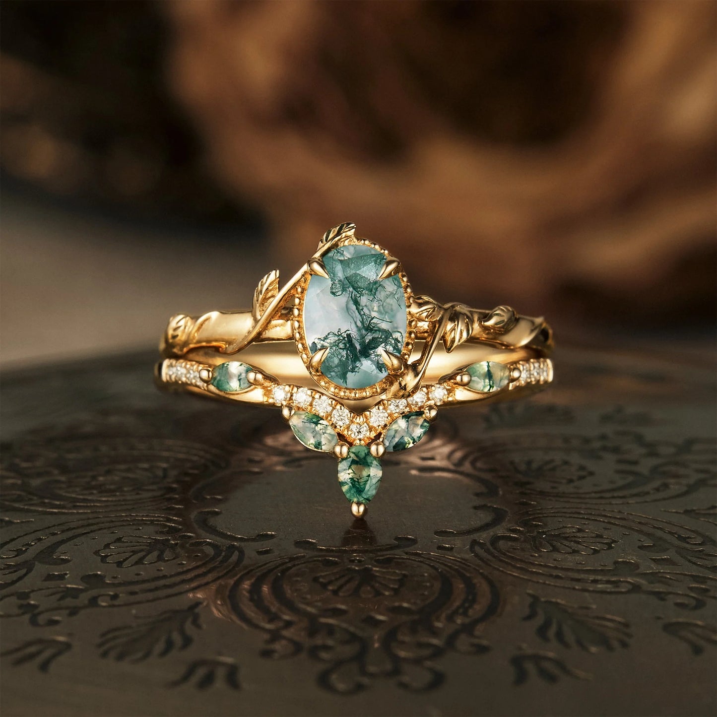 Eviannael 1 Carat Oval Stackable Moss Agate Ring Set in 18K Yellow Gold