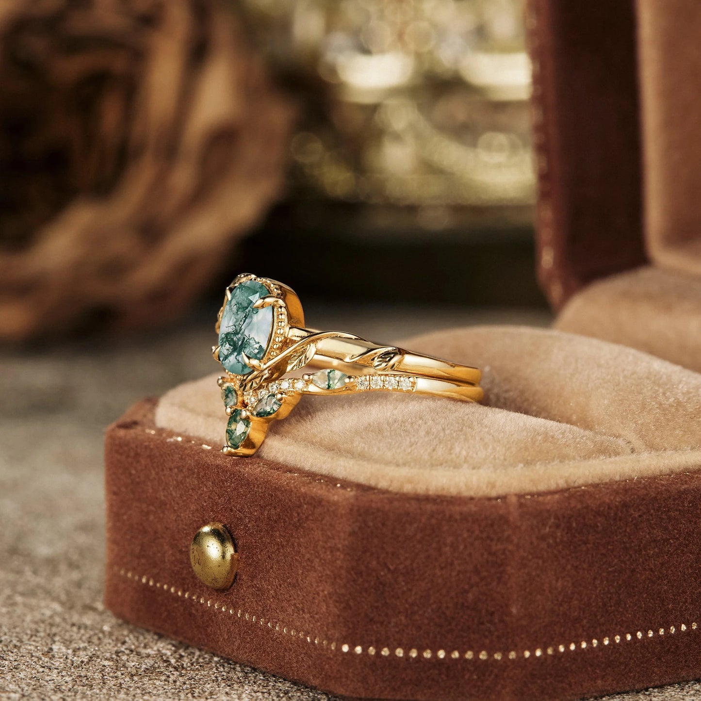 Eviannael 1 Carat Oval Stackable Moss Agate Ring Set in 18K Yellow Gold