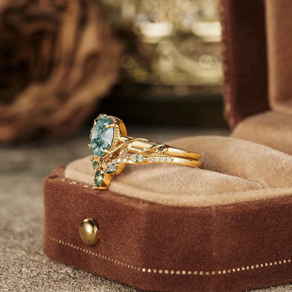 Eviannael 1 Carat Oval Stackable Moss Agate Ring Set in 18K Yellow Gold