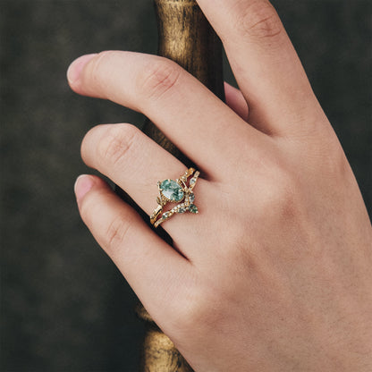 Eviannael 1 Carat Oval Stackable Moss Agate Ring Set in 18K Yellow Gold
