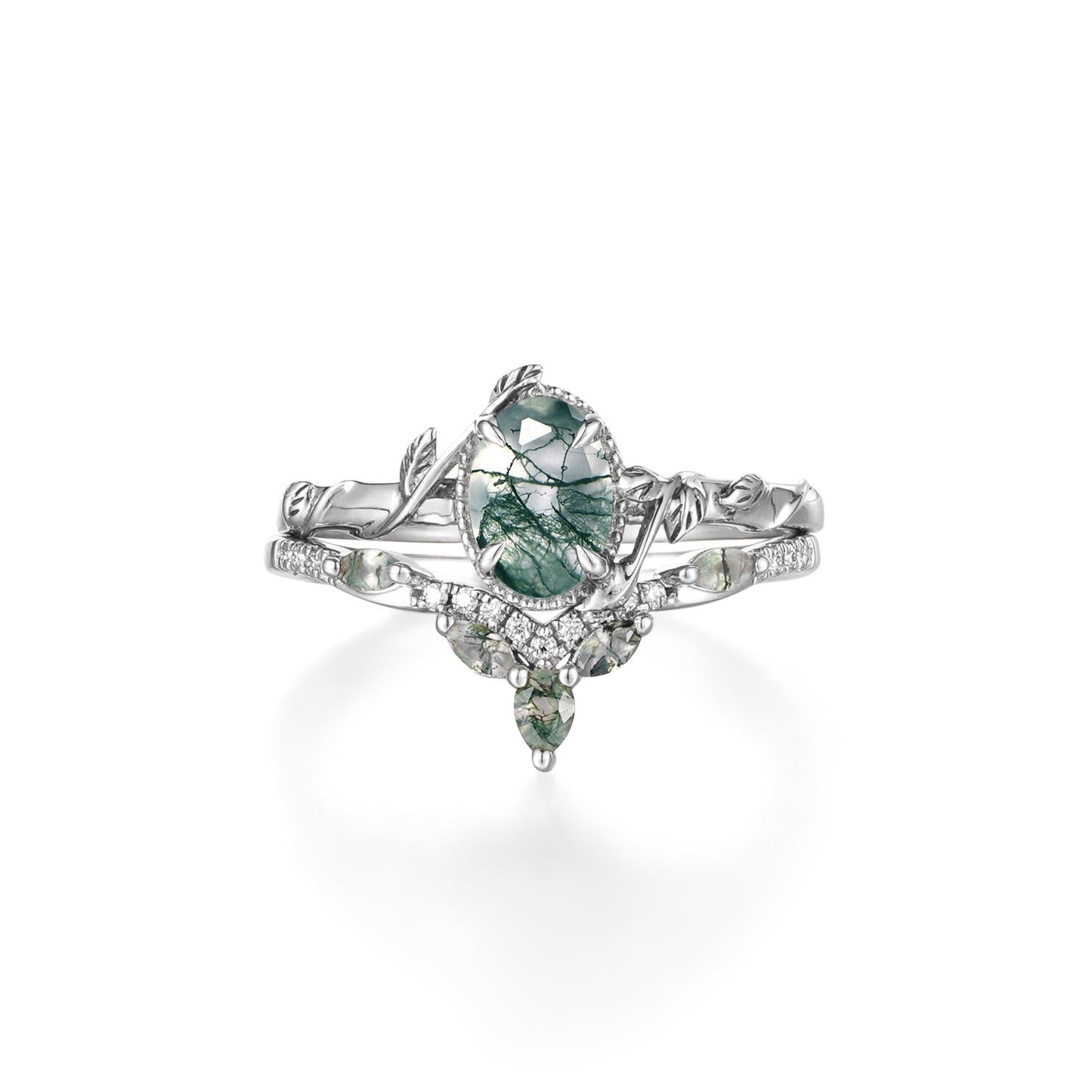 Eviannael 1 Carat Oval Stackable Moss Agate Ring Set in 18K Yellow Gold