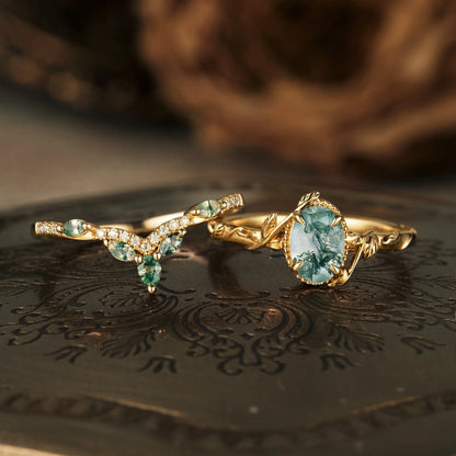 Eviannael 1 Carat Oval Stackable Moss Agate Ring Set in 18K Yellow Gold