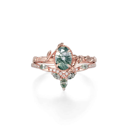 Eviannael 1 Carat Oval Stackable Moss Agate Ring Set in 18K Yellow Gold