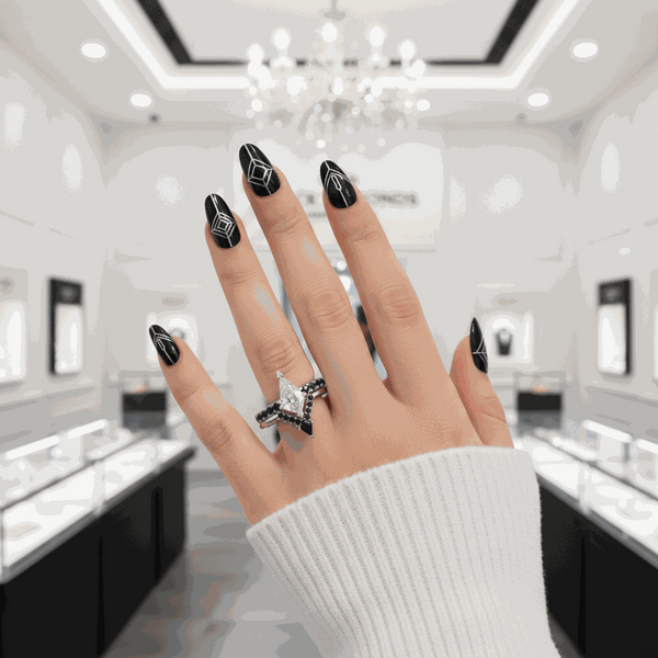 Voraviel stackable ring with 1.5ctw kite-shaped moissanite on hand in luxury jewelry store