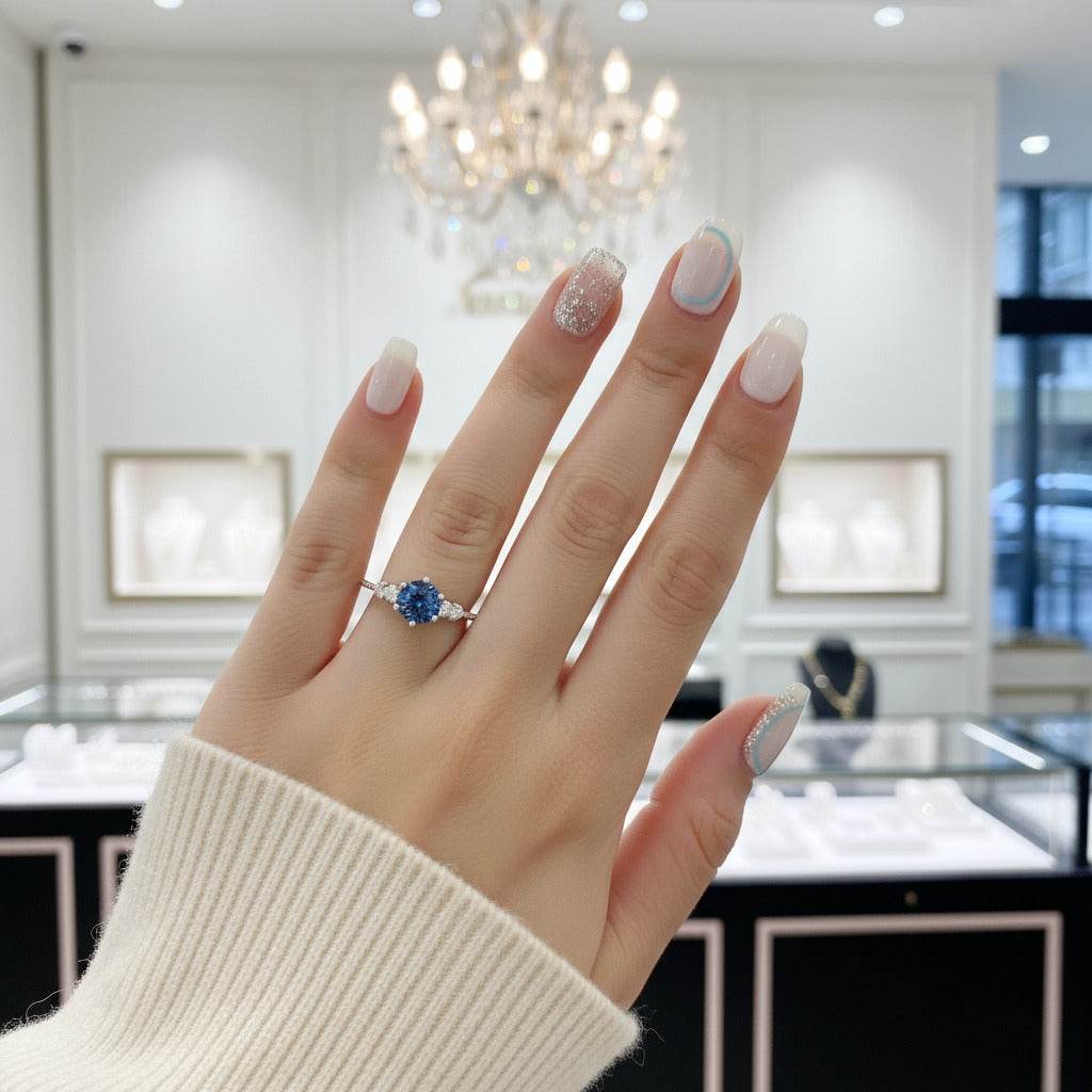 Gloraviel three-stone engagement ring with blue centerpiece stone on hand in jewelry store