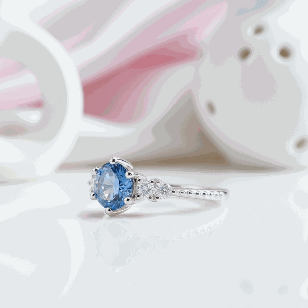 Gloraviel three-stone engagement ring with 1-carat round moissanite centerpiece and classic design