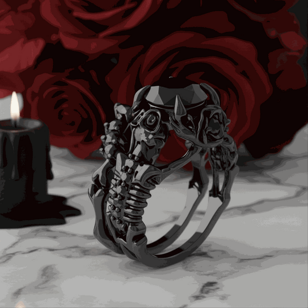 Xestriel solitaire engagement ring with 1.5 carat round black moissanite and intricate dark metal design